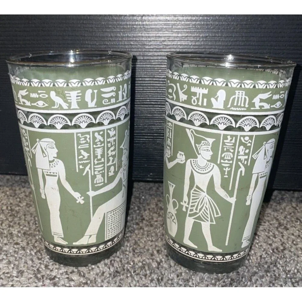 Vintage 1960s Hazel-Atlas Egyptian Pharaoh Green Glass Tumblers Set of 2 MCM